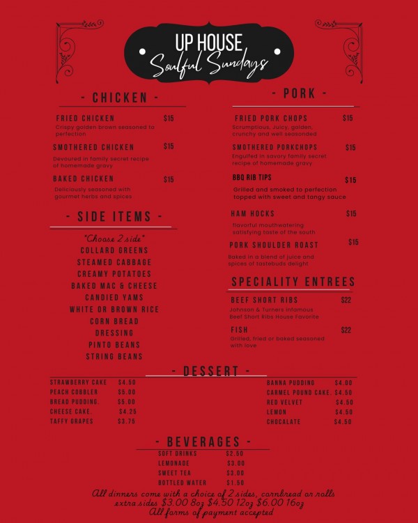 Get ready for A Taste of UP House – Soulful Sundays are here!
Join us for delicious homestyle meals presented by Johnson & Turner Soulfood & Catering at the UP House!Sunday, April 27, 2025
 Every Sunday from 2 PM – 8 PM
 13811 South Western Ave, Blue Island, IL 60640

 For a limited time, dinners start at $15 — while supplies last! Choose your favorite entrée, two sides, and enjoy homemade desserts and drinks.
Pickup, delivery, and dine-in available. Call ahead to order!

📞 708.577.9872 or 708.954.0123

Come hungry, leave happy!  SoulfulSundays TasteOfUPHouse JohnsonAndTurnerSoulfood